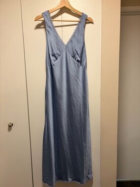 American Eagle Outfitters Light Blue Satin Lace-Trim Slip Dress